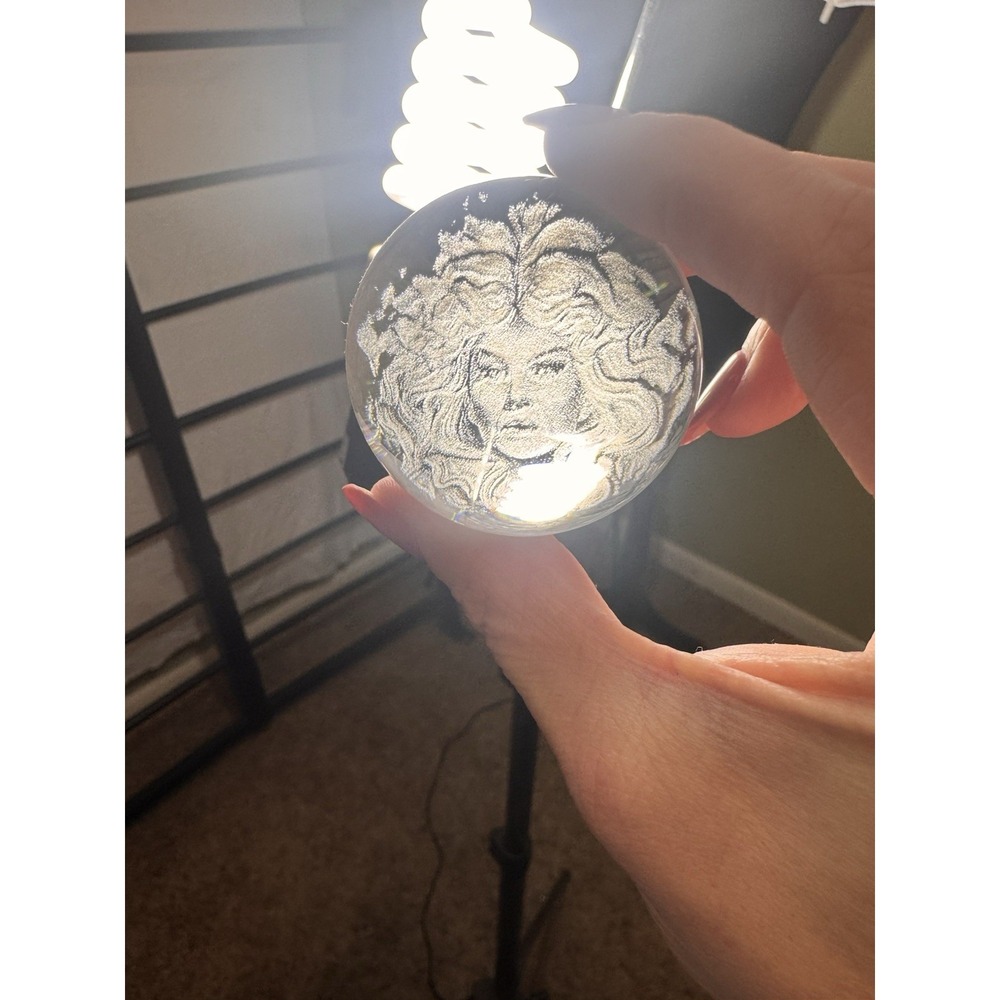 Crystal Ball With Etching Of Creepy Lady Face Inside 6" Circumference Glass Ball